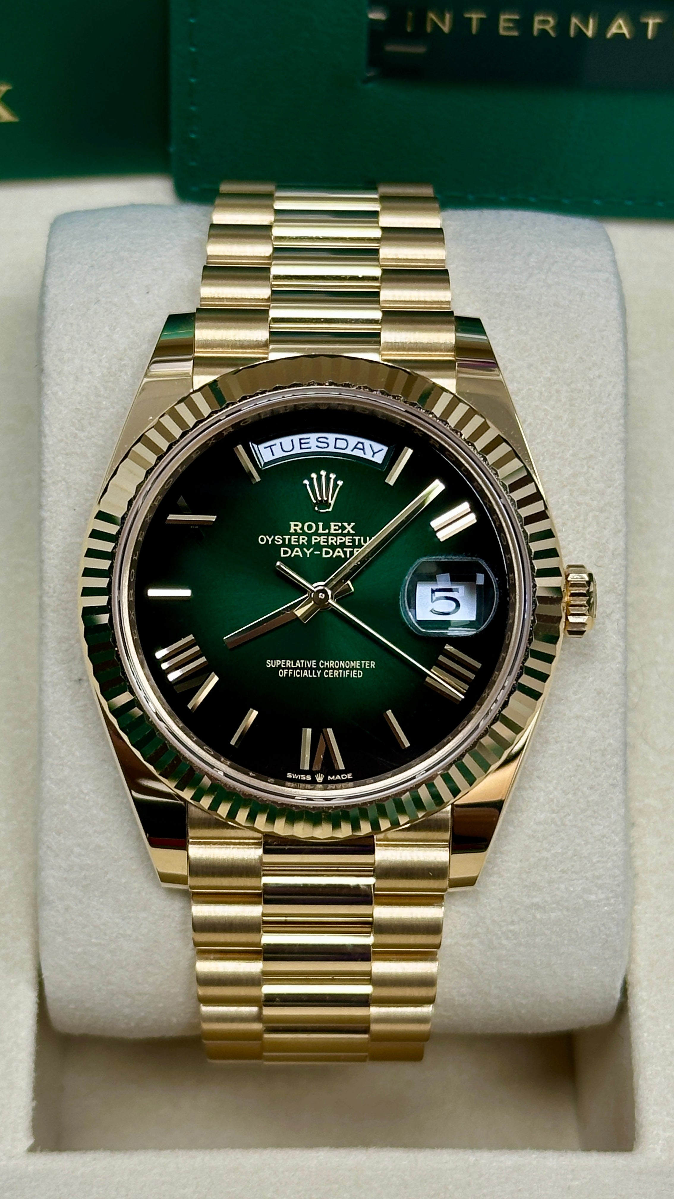 Rolex Yellow Gold President Day Date 40mm Green Roman Ombre Dial - 228238 - New 2025 / 2026