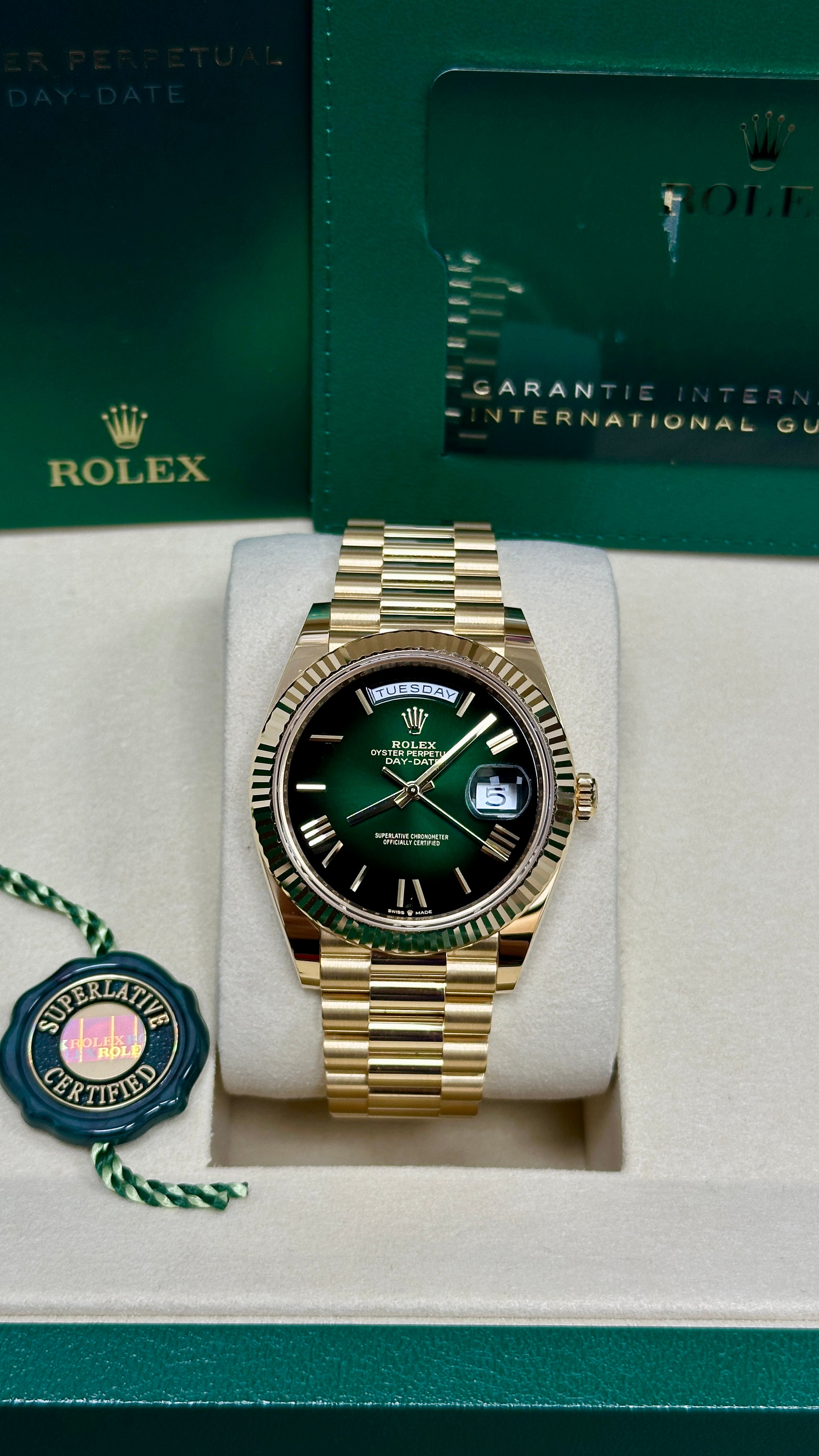 Rolex Yellow Gold President Day Date 40mm Green Roman Ombre Dial - 228238 - New 2025