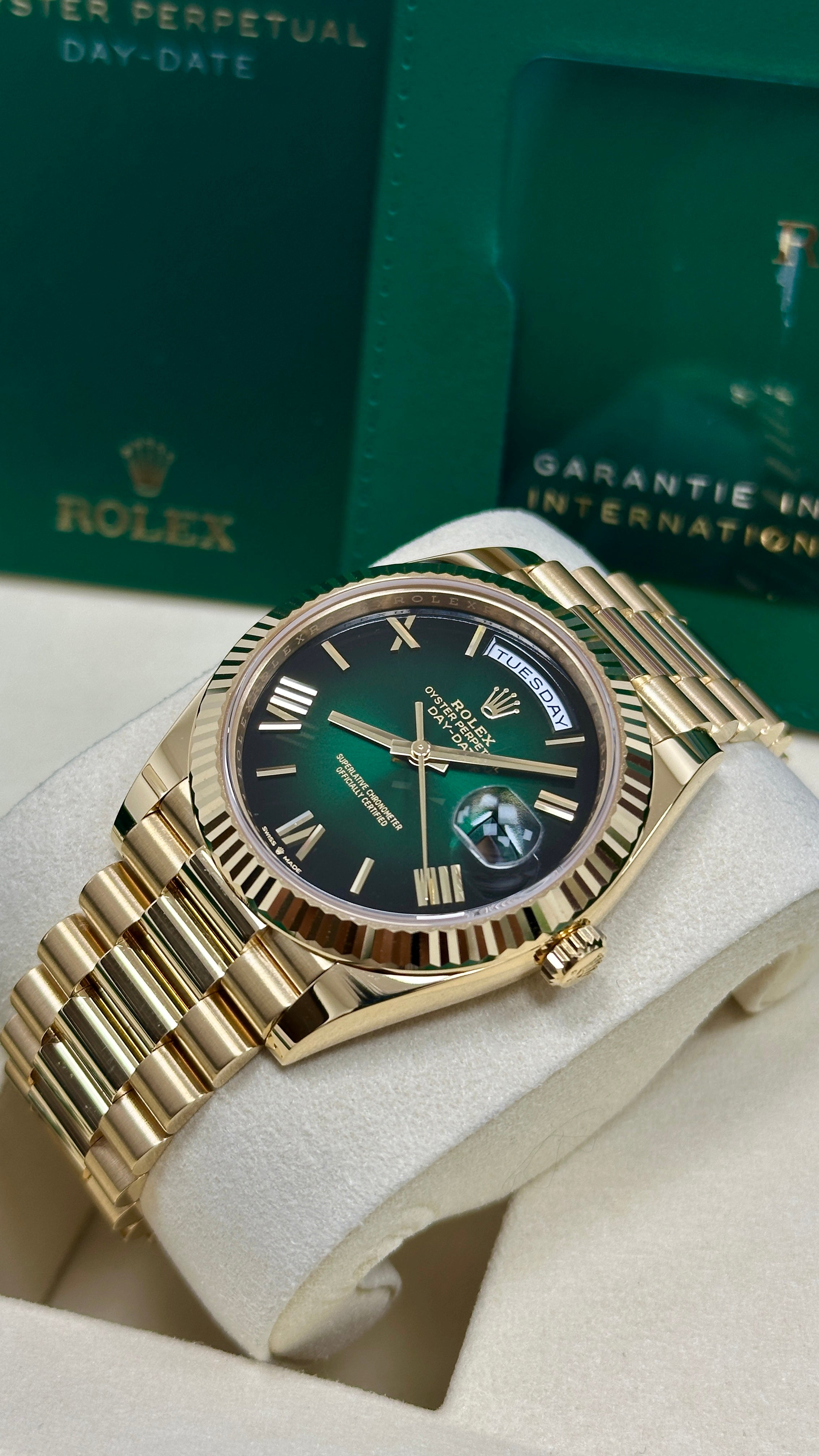 Rolex Yellow Gold President Day Date 40mm Green Roman Ombre Dial - 228238 - New 2025 / 2026