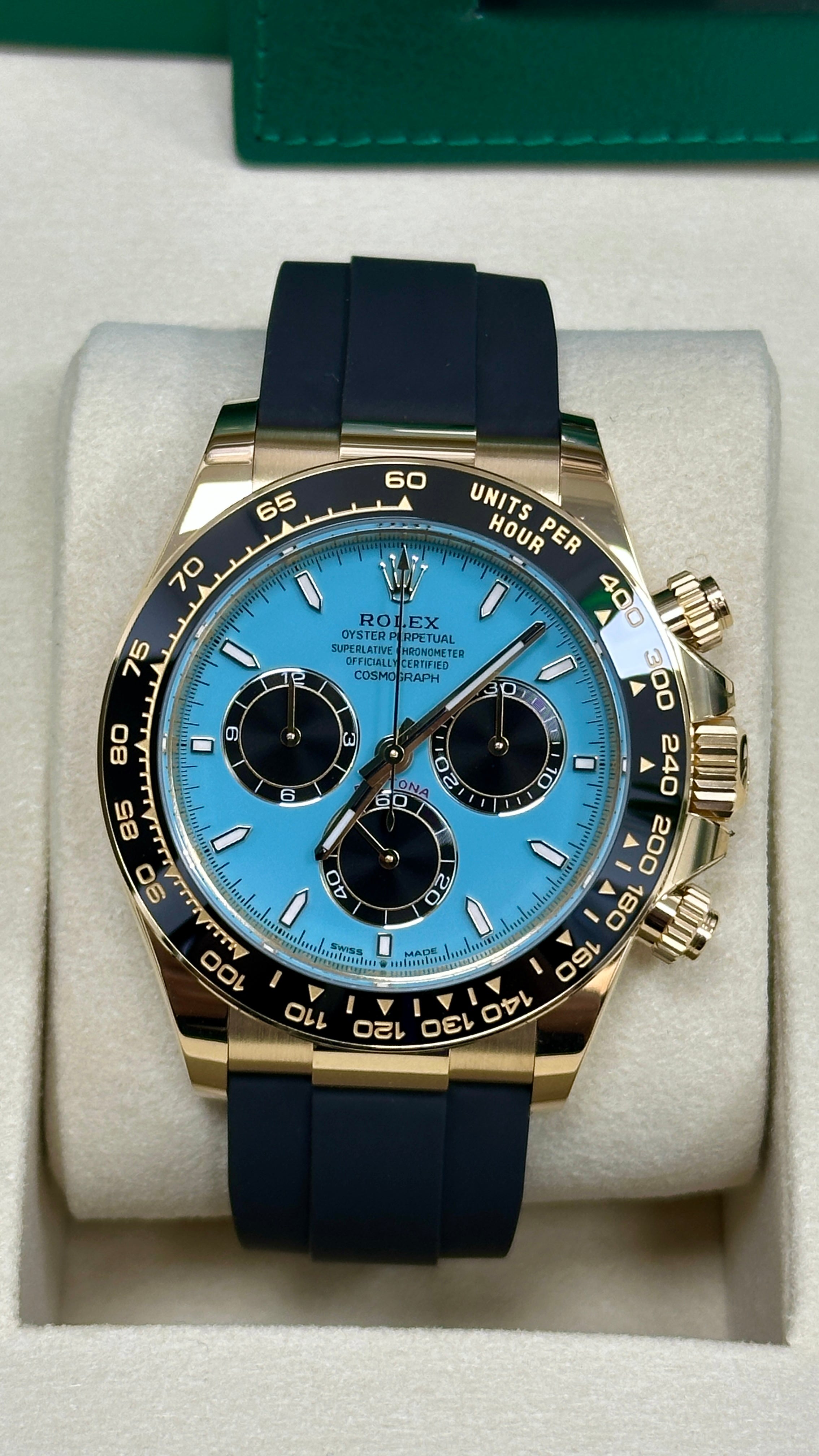 Rolex Cosmograph Daytona "Tiffany" 40mm Yellow Gold Turquoise Blue and Black Dial Black Ceramic Bezel Oysterflex 126518LN – New 2025 / 2026