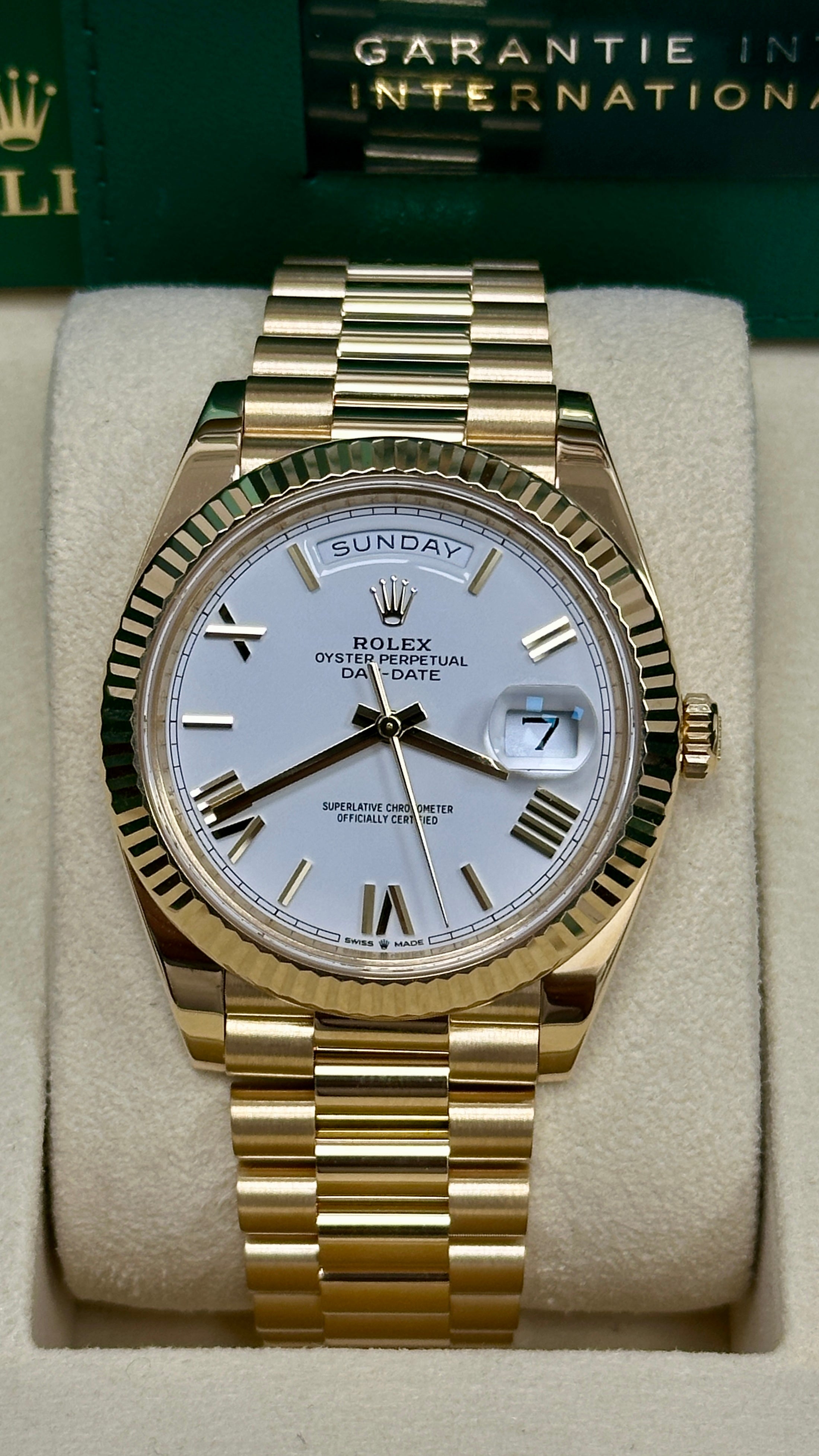 Rolex Day-Date "President" 40mm Yellow Gold White Roman Dial - 228238 - New 2025