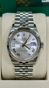 Rolex Datejust 36mm Fluted Bezel Silver Roman Diamond Dial Jubilee - 126234 - New 2025
