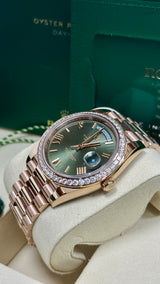 Rolex Day-Date "President" 40mm Everose Gold Olive Green Roman Dial Diamond Bezel - 228345RBR - New 2025
