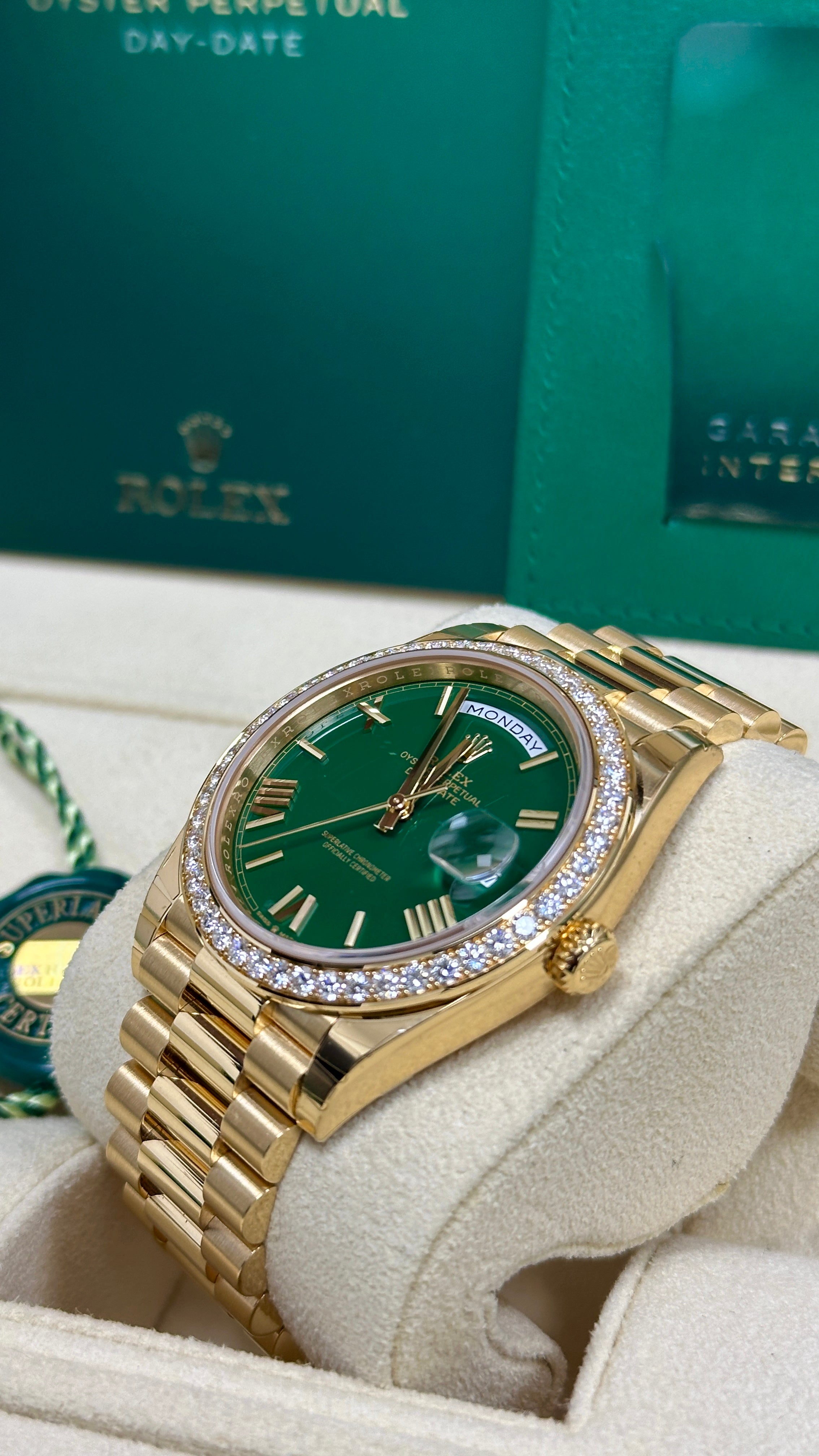 Rolex Day-Date "President" 40mm Yellow Gold Green Roman Dial Diamond Bezel - 228348RBR - New 2025