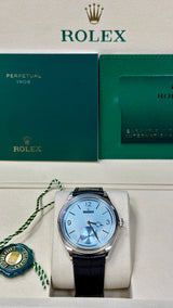 Rolex 1908 Platinum Ice Blue Dial Black Alligator Strap – 52506 – New 2025