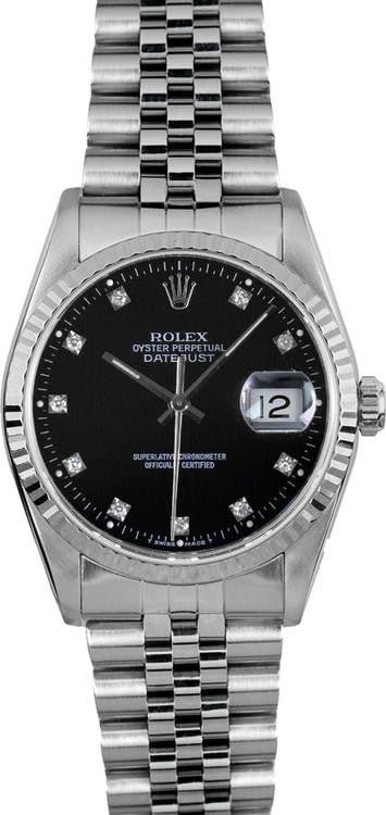 Rolex Datejust 36mm Stainless Steel Fluted Bezel Factory Black Diamond Dial Jubilee - 16234