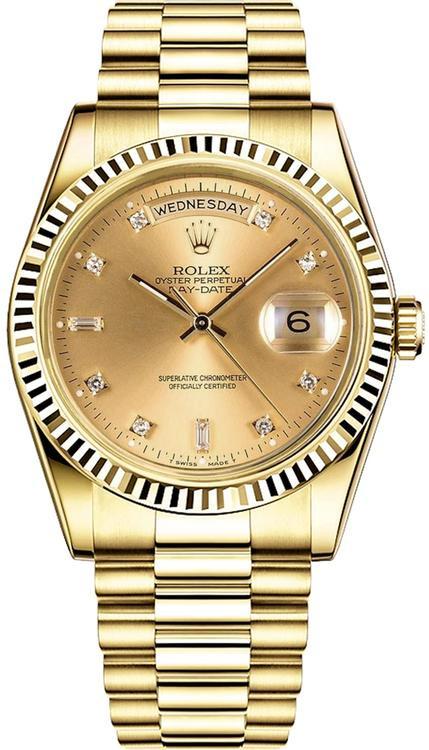 Rolex Day Date President 36mm Yellow Gold Fluted Champagne Diamond Dial 18038