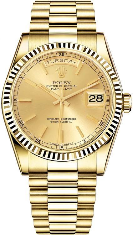 Rolex Day Date President 36mm Yellow Gold Fluted Champagne Index Dial 18038