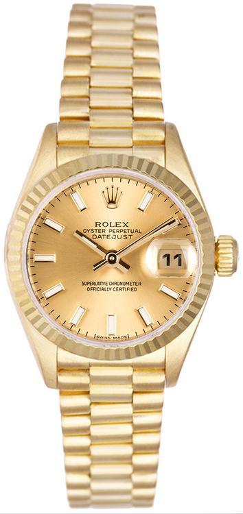 Rolex Lady-Datejust President 26mm Yellow Gold Champagne Index Dial 69178