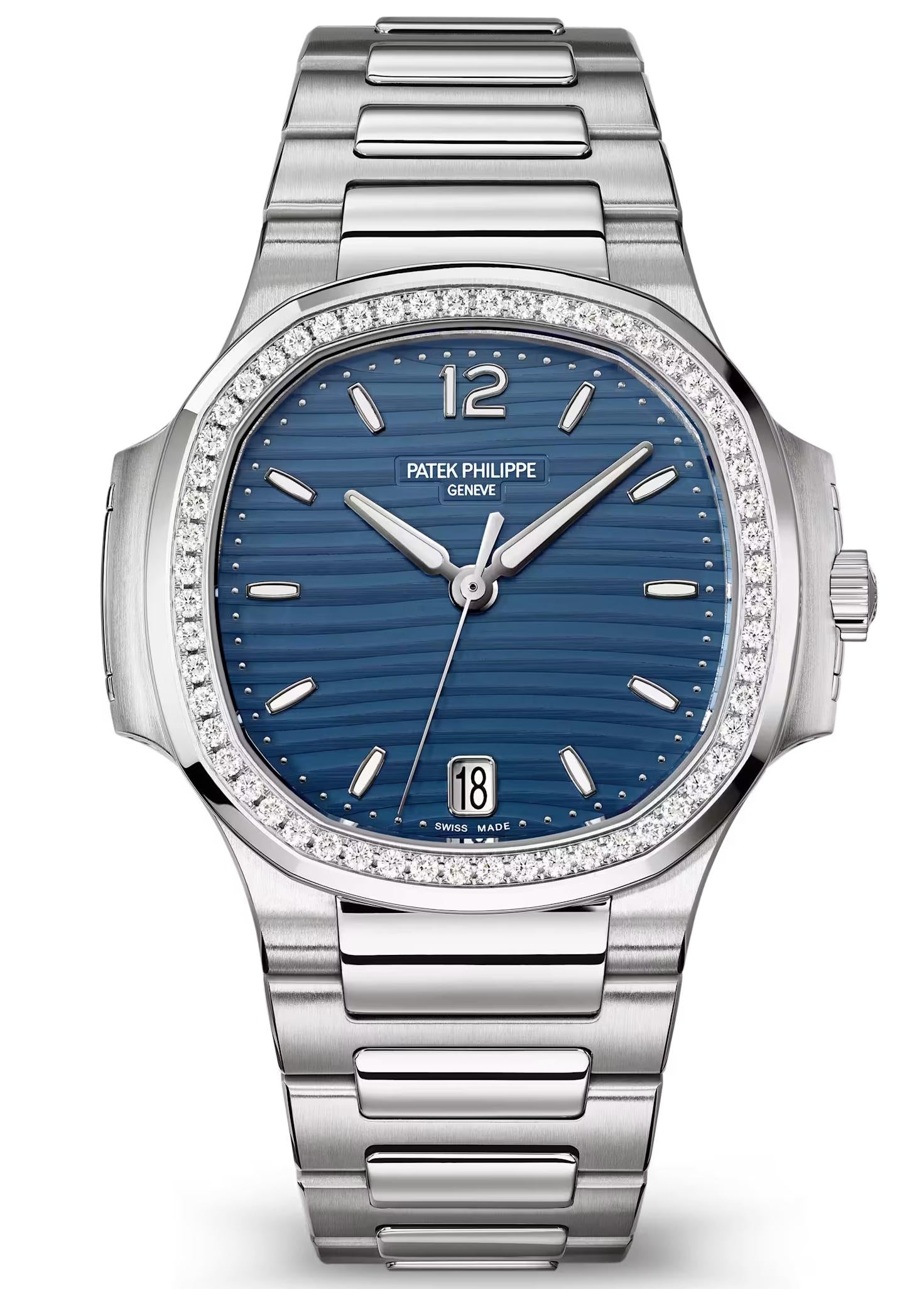 Patek Philippe Nautilus Ladies 35.2mm Steel Blue Opaline Dial Diamond Bezel