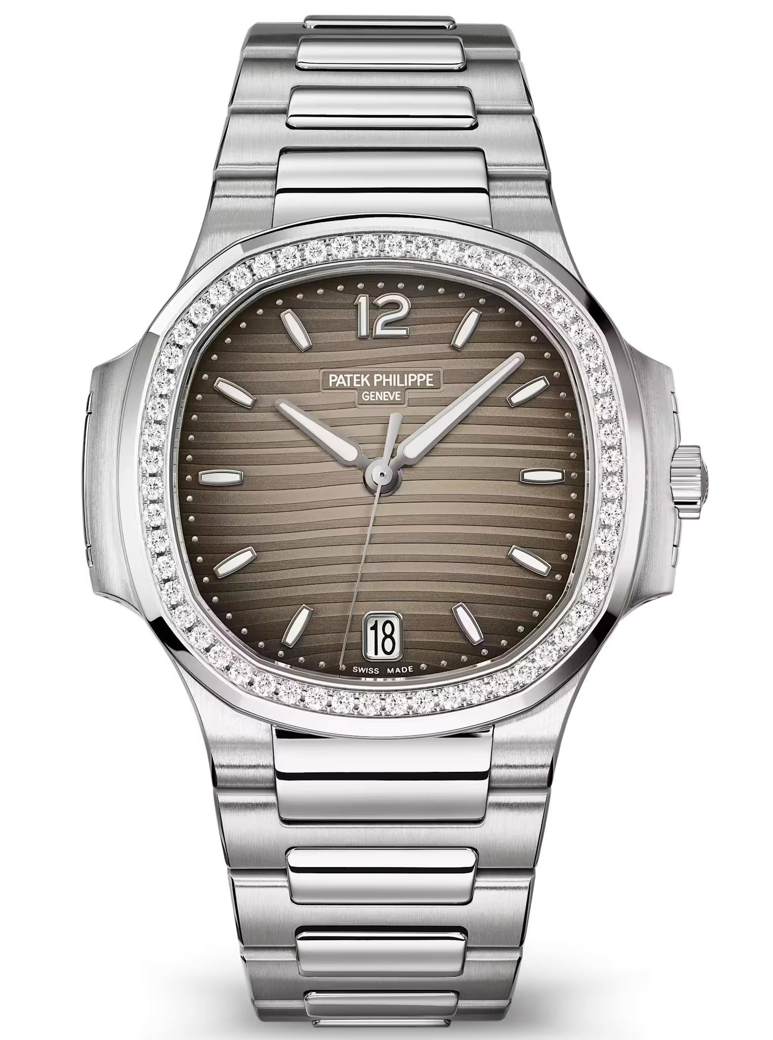 Patek Philippe Nautilus Ladies 35.2mm Steel Gray Opaline Dial Diamond Bezel