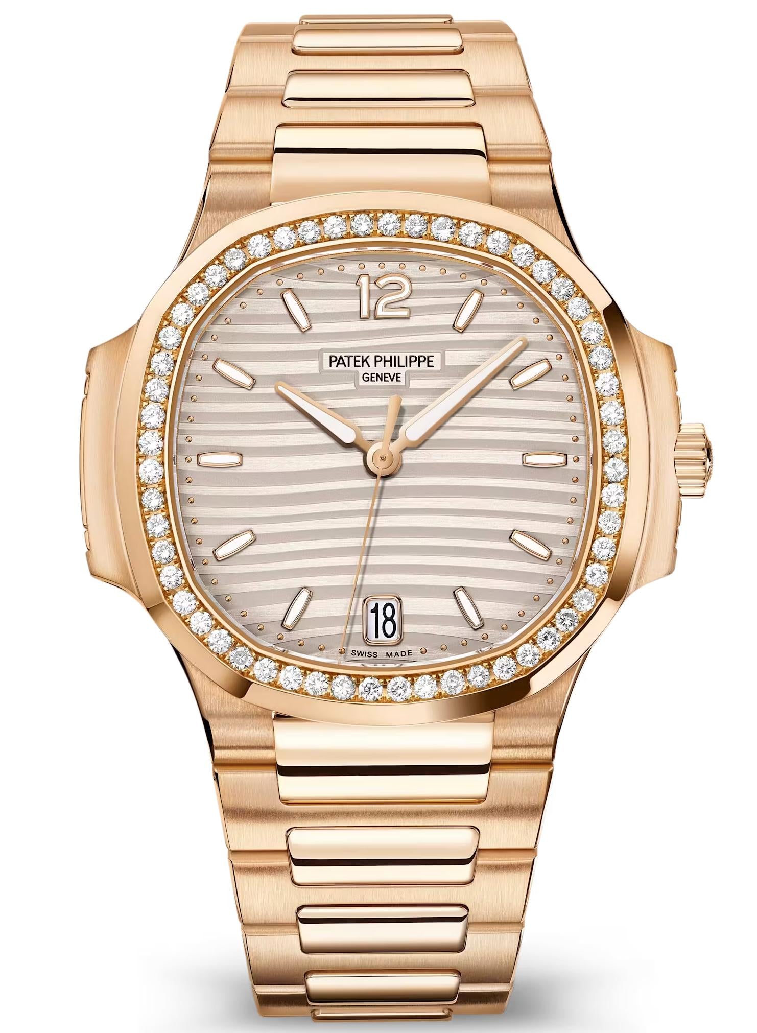 Patek Philippe Nautilus Ladies 35.2mm Rose Gold Silvery Opaline Dial Diamond
