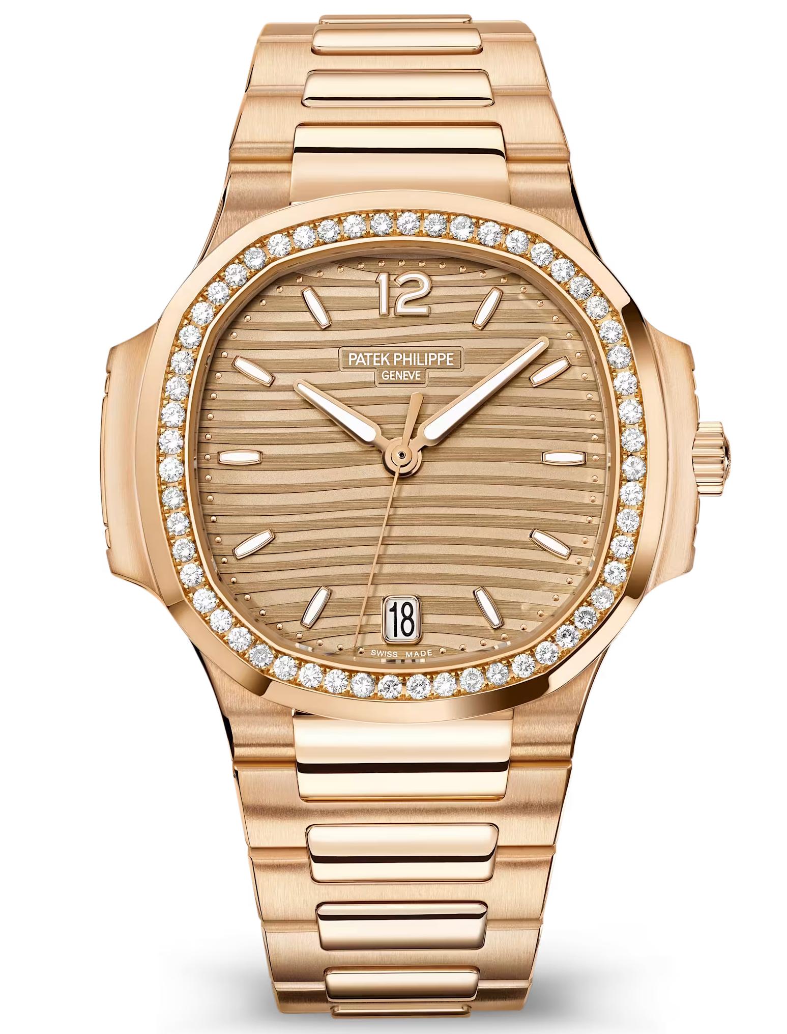 Patek Philippe Nautilus Ladies 35.2mm Rose Gold Golden Brown Dial Diamond Bezel