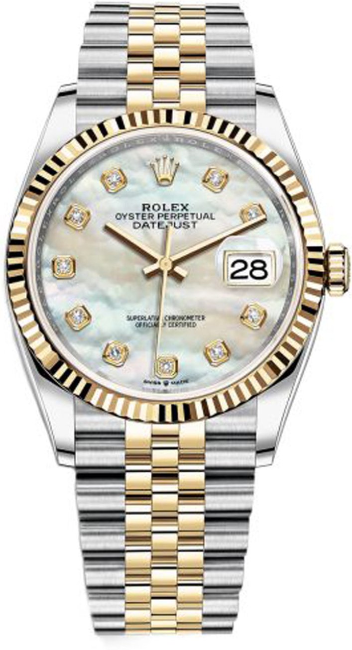 Rolex Datejust 36mm Two-Tone Yellow Gold Mother of Pearl Diamond Dial Fluted Bezel Jubilee Bracelet 126233 – New 2025 / 2026