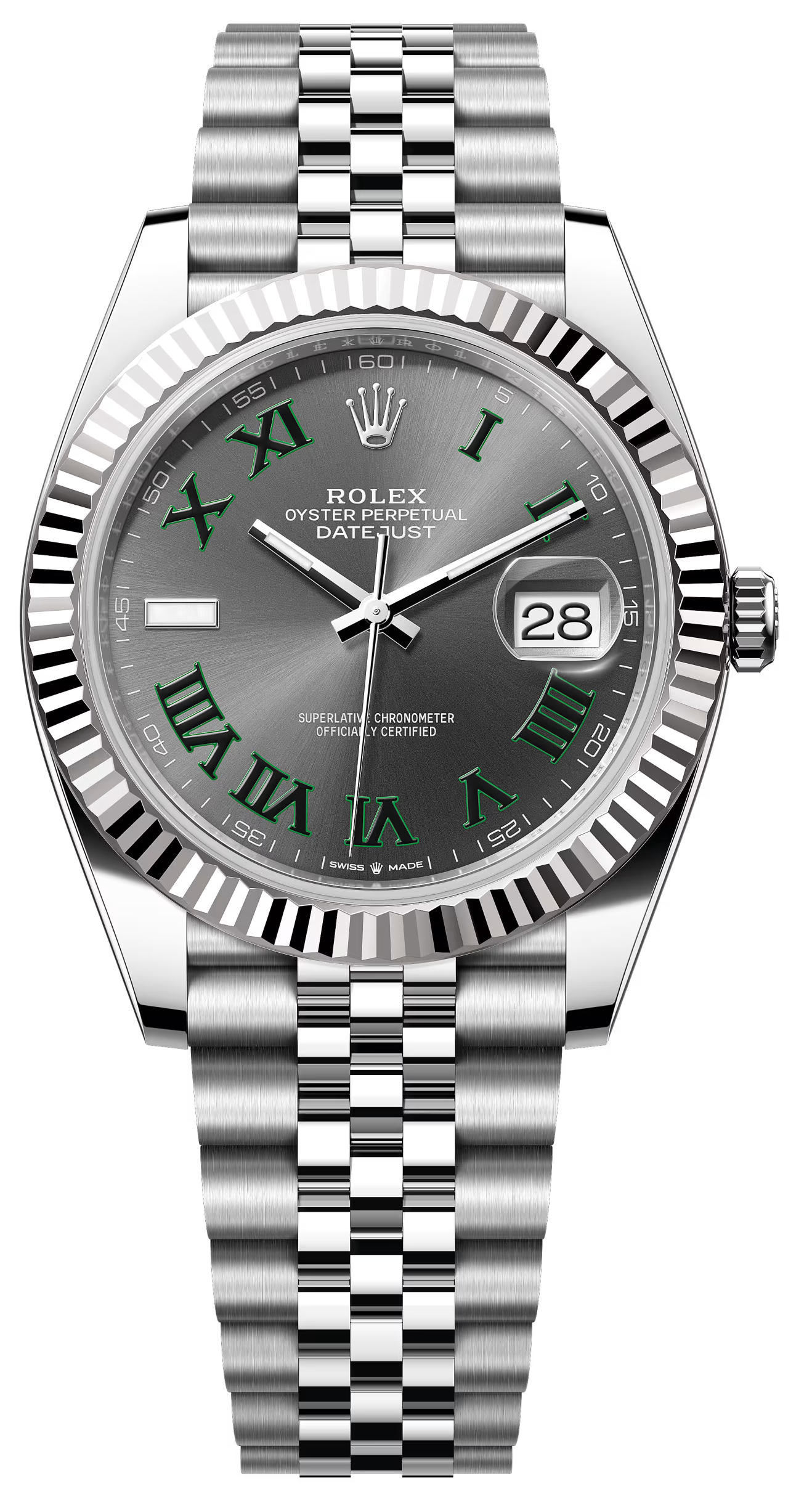 Rolex Datejust 41mm "Wimbledon" Slate and Green Roman Dial Fluted Bezel Jubilee Bracelet 126334 – New 2025 / 2026