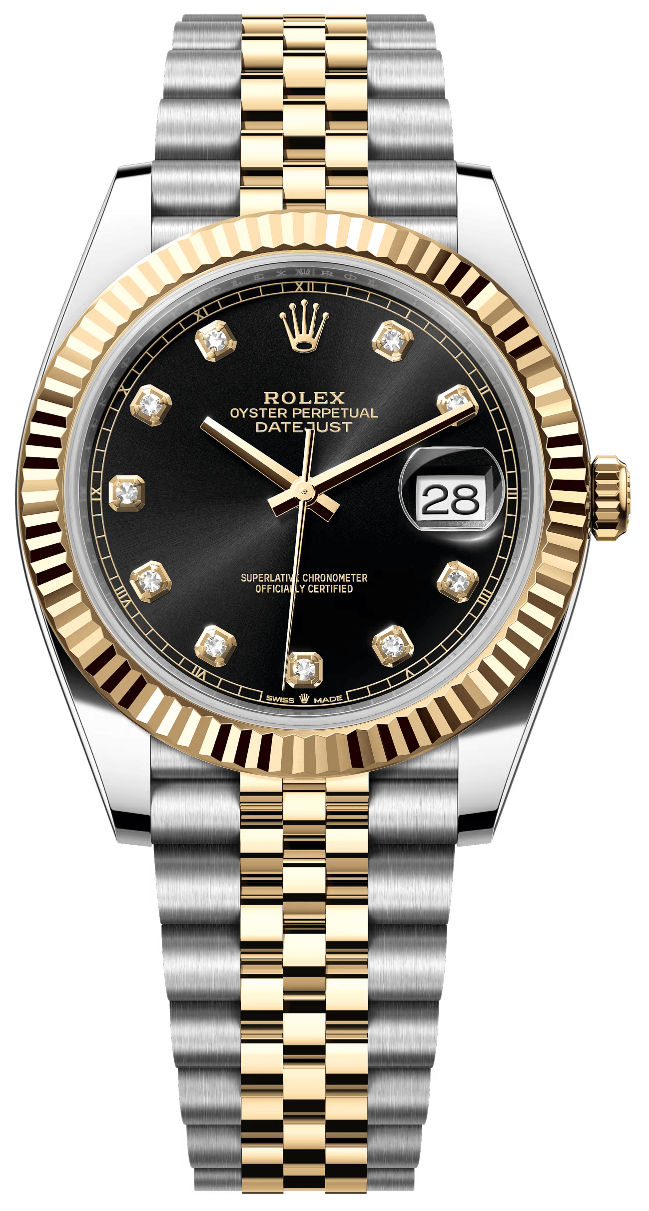 Rolex Datejust 41mm Two-Tone Yellow Gold Black Diamond Dial Fluted Bezel Jubilee Bracelet 126333 – New 2025