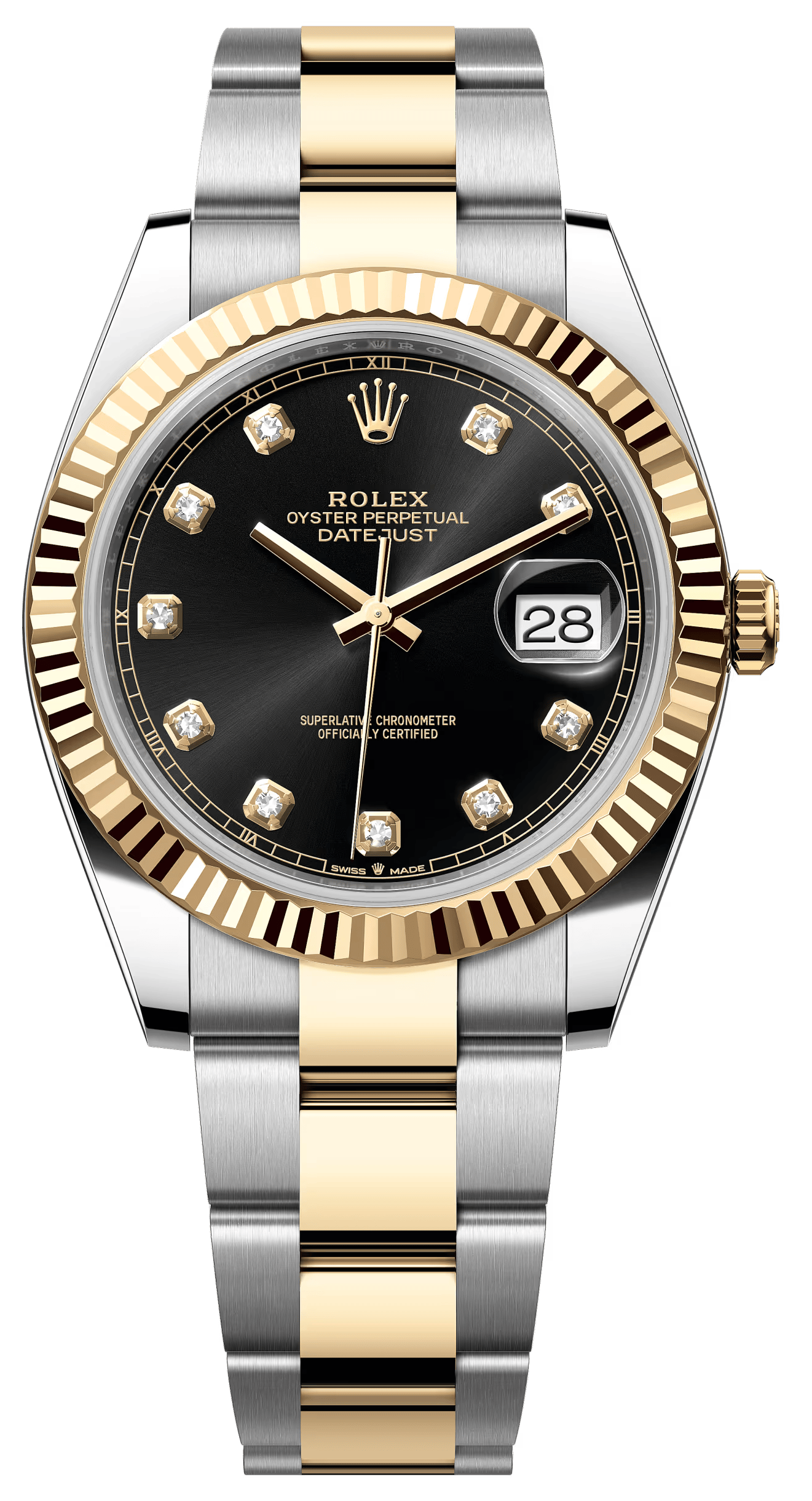 Rolex Datejust 41mm Two-Tone Yellow Gold Black Diamond Dial Fluted Bezel Oyster Bracelet 126333 – New 2025