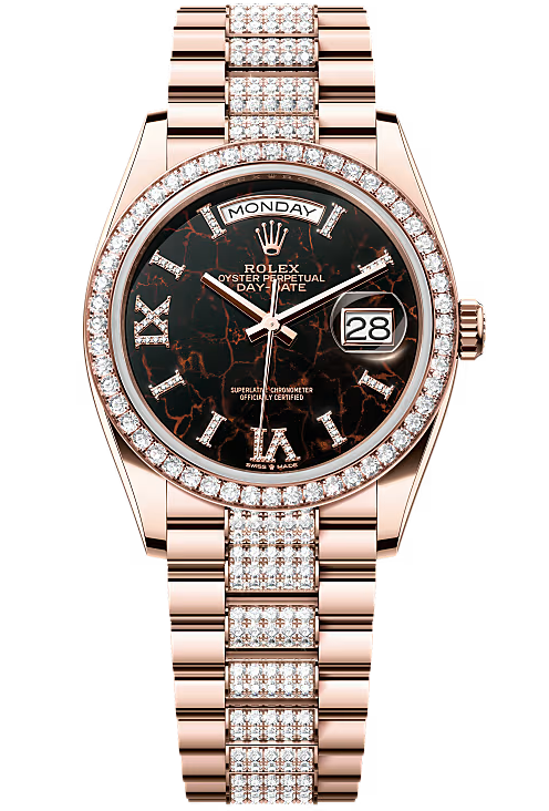 Rolex Day-Date 36mm Everose Gold Eisenkiesel Diamond Roman Dial Diamond Bezel Baguette Dial Diamond Bezel Diamond-Set President Bracelet – 128345RBR – New 2026