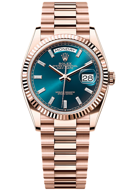 Rolex Day-Date 36mm Everose Gold Blue-Green Diamond Baguette Dial President Bracelet – 128235 – New 2025