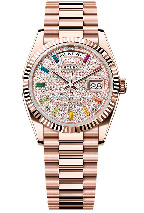 Rolex Day-Date “President” 36mm Everose Gold Rainbow Diamond Pave Dial – 128235 – New 2025