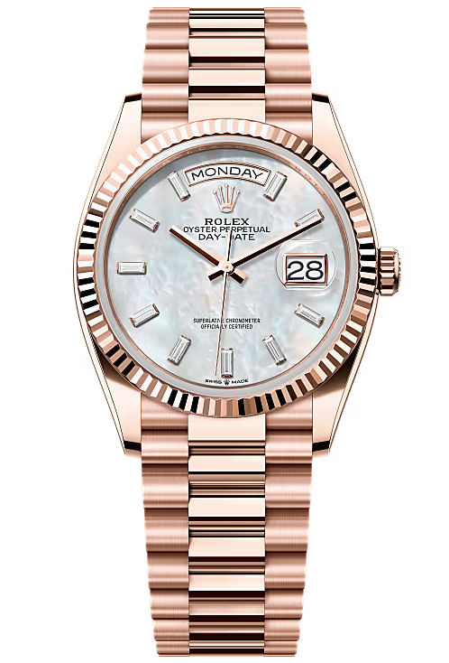 Rolex Day-Date "President" 36mm Everose Mother of Pearl Diamond Baguette Dial - 128235 - New 2025