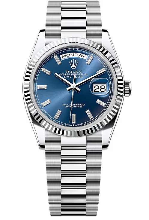 Rolex Day-Date “President” 36mm Platinum Blue Diamond Baguette Dial – 128236 – New 2025