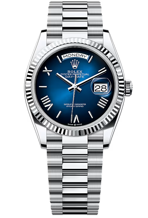 Rolex Day-Date “President” 36mm Platinum Blue Ombré Roman Dial – 128236 – New 2025