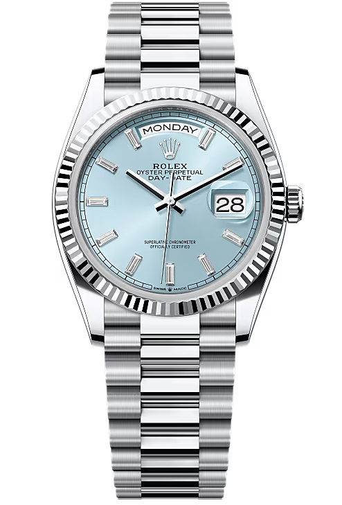 Rolex Day-Date “President” 36mm Platinum Ice Blue Diamond Baguette Dial – 128236 – New 2025