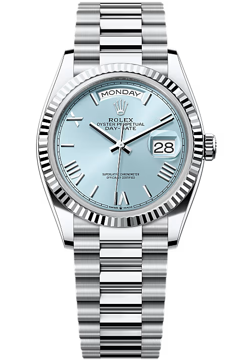 Rolex Day-Date "President" 36mm Platinum Ice Blue Roman Dial - 128236 - New 2025