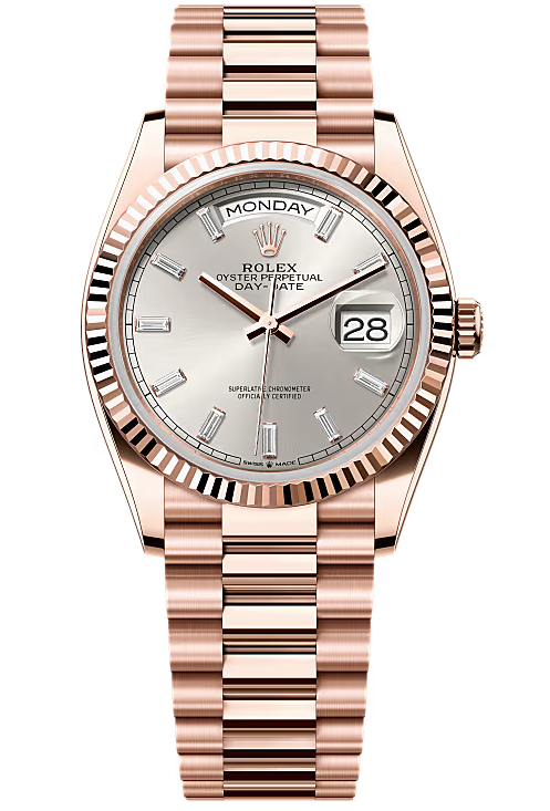 Rolex Day-Date “President” 36mm Silver Diamond Baguette Dial – 128235 – New 2025