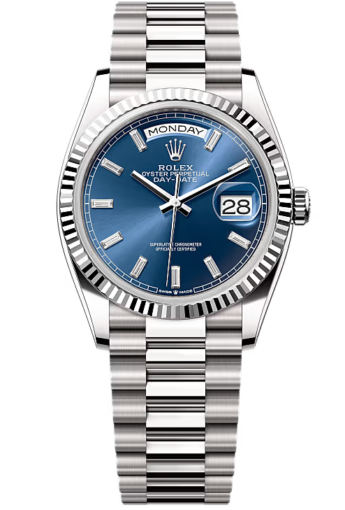 Rolex Day-Date "President" 36mm White Gold Blue Diamond Baguette Dial - 128239 - New 2025