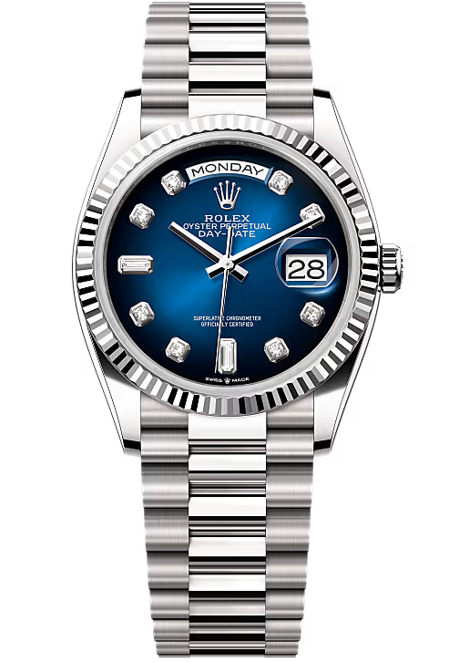 Rolex Day-Date “President” 36mm White Gold Blue Ombré Diamond Dial – 128239 – New 2025