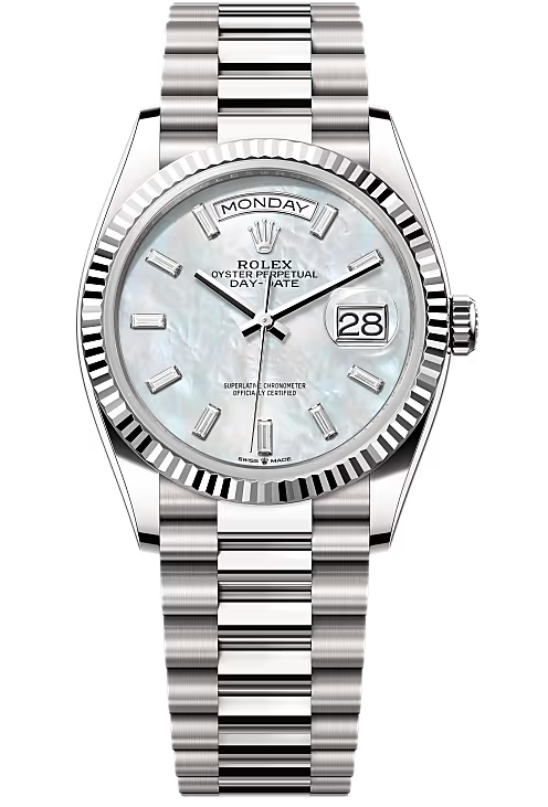 Rolex Day-Date "President" 36mm White Gold Mother of Pearl Diamond Baguette Dial - 128239 - New 2025