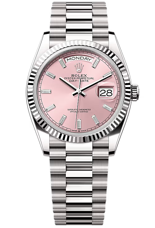 Rolex Day-Date “President” 36mm White Gold Pink Diamond Baguette Dial – 128239 – New 2025
