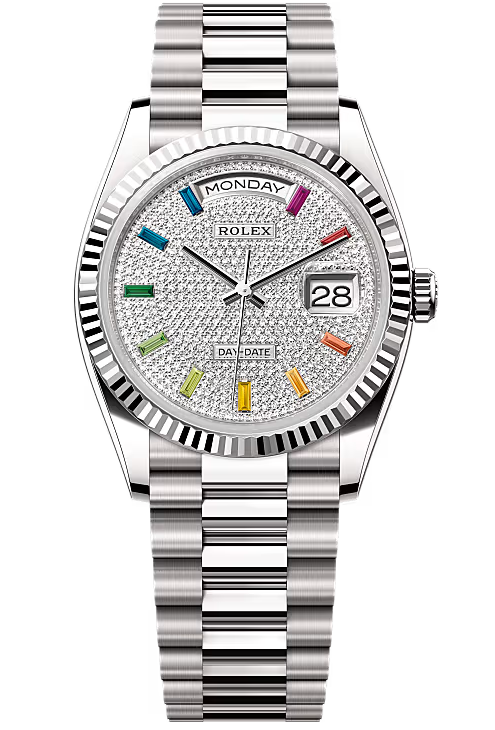 Rolex Day-Date “President” 36mm White Gold Rainbow Diamond Pavé Dial – 128239 – New 2025