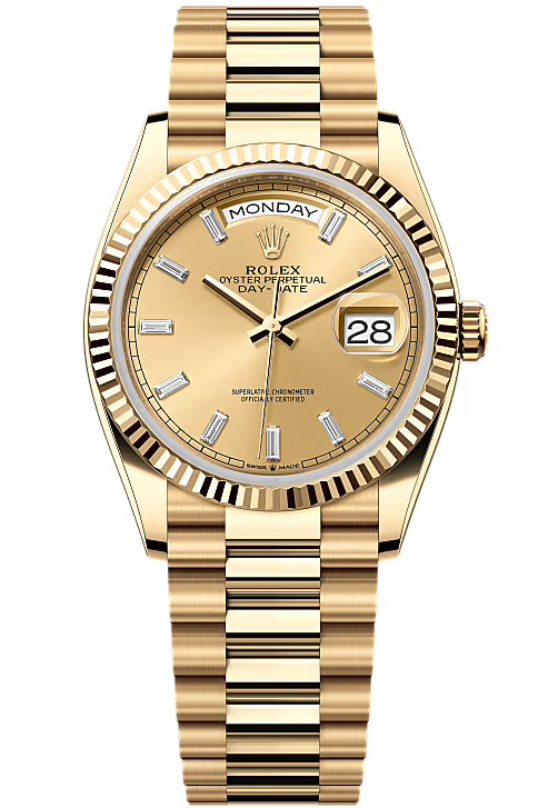 Rolex Day-Date "President" 36mm Yellow Gold Champagne Diamond Baguette Dial - 128238 - New 2025