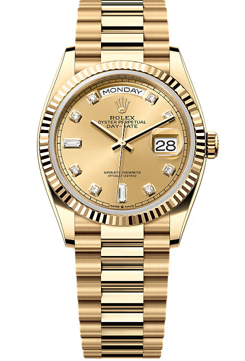 Rolex Day-Date "President" 36mm Yellow Gold Champagne Diamond Dial - 128238 - New 2025