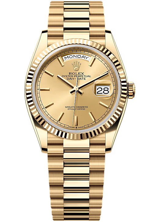 Rolex Day-Date "President" 36mm Yellow Gold Champagne Index Dial - 128238 - New 2025