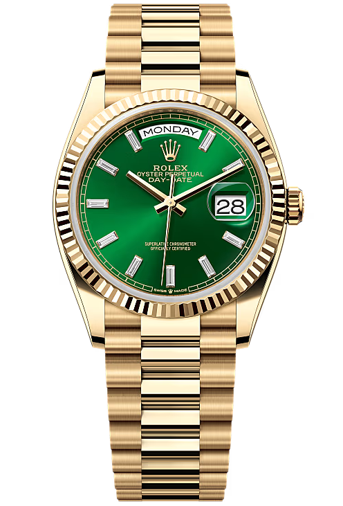 Rolex Day-Date "President" 36mm Yellow Gold Green Diamond Baguette Dial - 128238 - New 2025 / 2026
