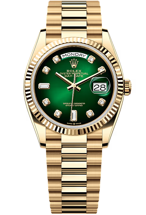 Rolex Day-Date "President" 36mm Yellow Gold Green Ombre Diamond Dial - 128238 - New 2025
