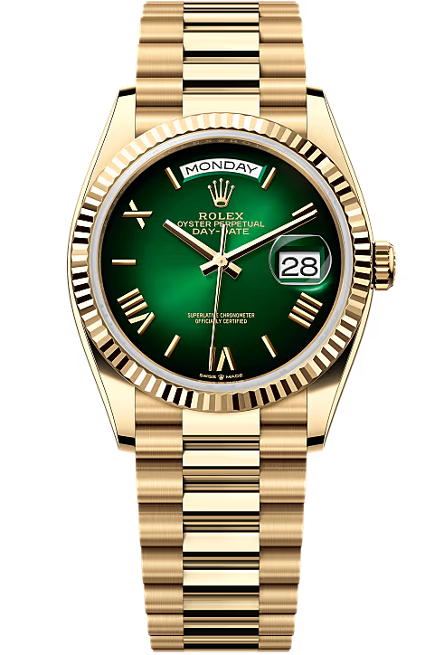 Rolex Day-Date "President" 36mm Yellow Gold Green Ombre Roman Dial - 128238 - New 2025