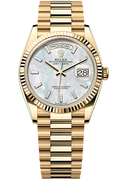 Rolex Day-Date "President" 36mm Yellow Gold Mother of Pearl Diamond Baguette Dial - 128238 - New 2025