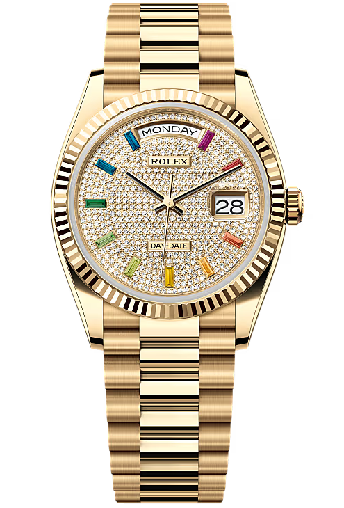 Rolex Day-Date "President" 36mm Yellow Gold Rainbow Diamond Pave Dial - 128238 - New 2025