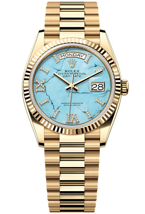 Rolex Day-Date "President" 36mm Yellow Gold Turquoise Roman Diamond Dial - 128238 - New 2025