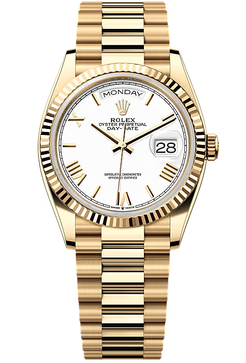 Rolex Day-Date "President" 36mm Yellow Gold White Roman Dial - 128238 - New 2025