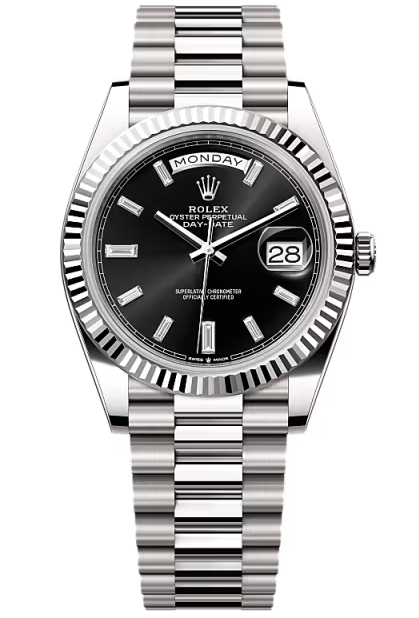 Rolex Day-Date "President" 40mm White Gold Black Diamond Baguette Dial - 228239 - New 2025