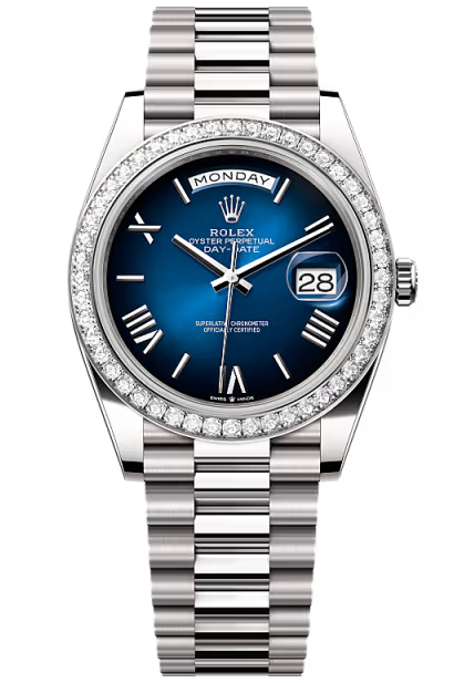 Rolex Day-Date "President" 40mm White Gold Blue Roman Ombre Dial Diamond Bezel – 228349RBR – New 2026