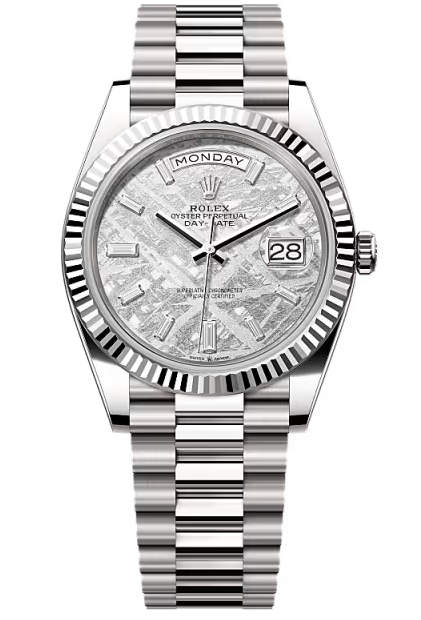 Rolex Day-Date "President" 40mm White Gold Meteorite Diamond Baguette Dial - 228239 - New 2025