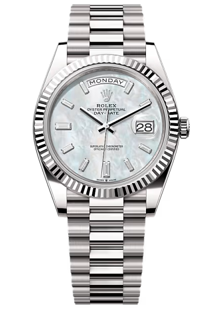 Rolex Day-Date "President" 40mm White Gold Mother of Pearl Diamond Baguette Dial - 228239 - New 2025