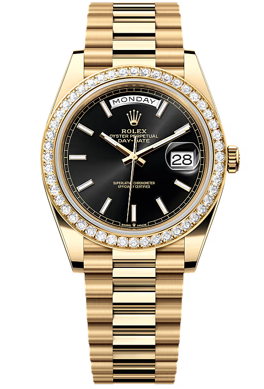 Rolex Day-Date "President" 40mm Yellow Gold Black Index Dial Diamond Bezel - 228348RBR - New 2026